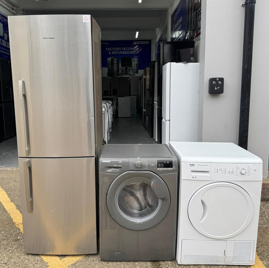 Refurbished Fisher & Paykel 342L Fridge Freezer + Beko 8 kg Tumble Dryer + Hoover 8 kg Washing Machine Combo