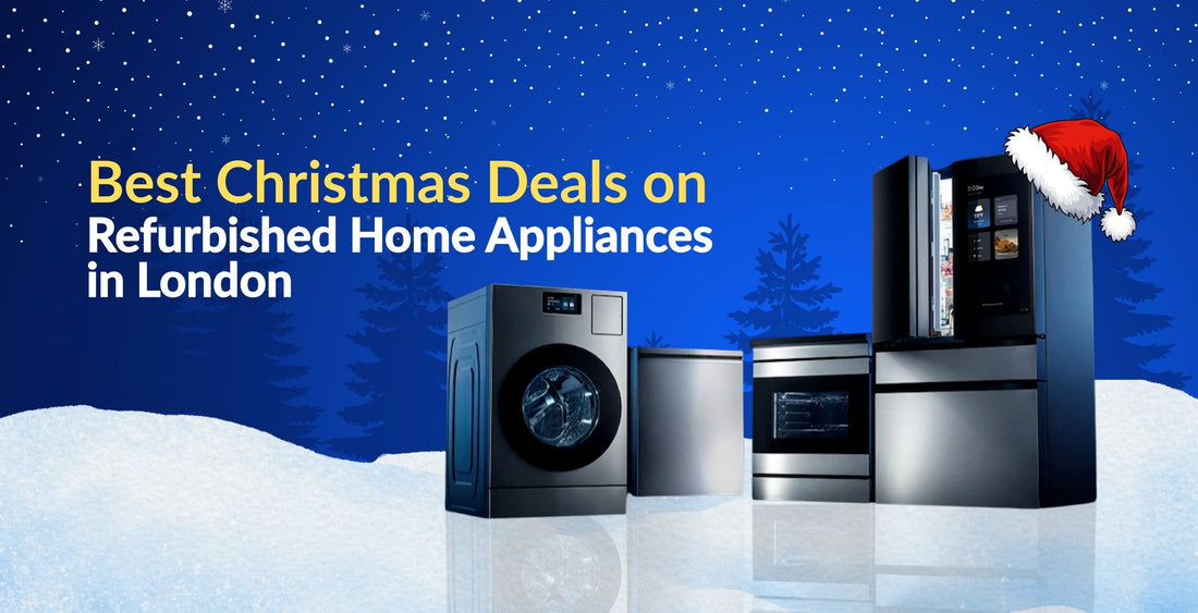 Christmas deals on refurbished home appliances in London, featuring a washing machine, fridge, and oven. The festive background includes snowflakes, trees, and a Santa hat on the fridge.