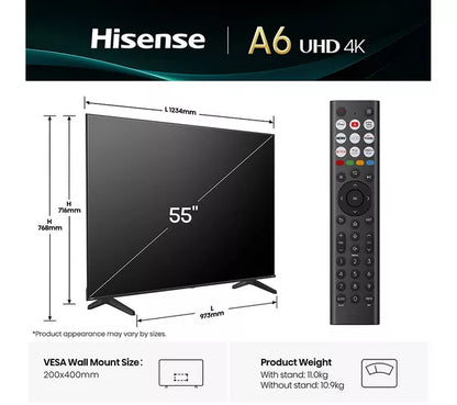 Hisense 55A6QTUK 55" 4K UHD Smart TV - Unused - Grade A
